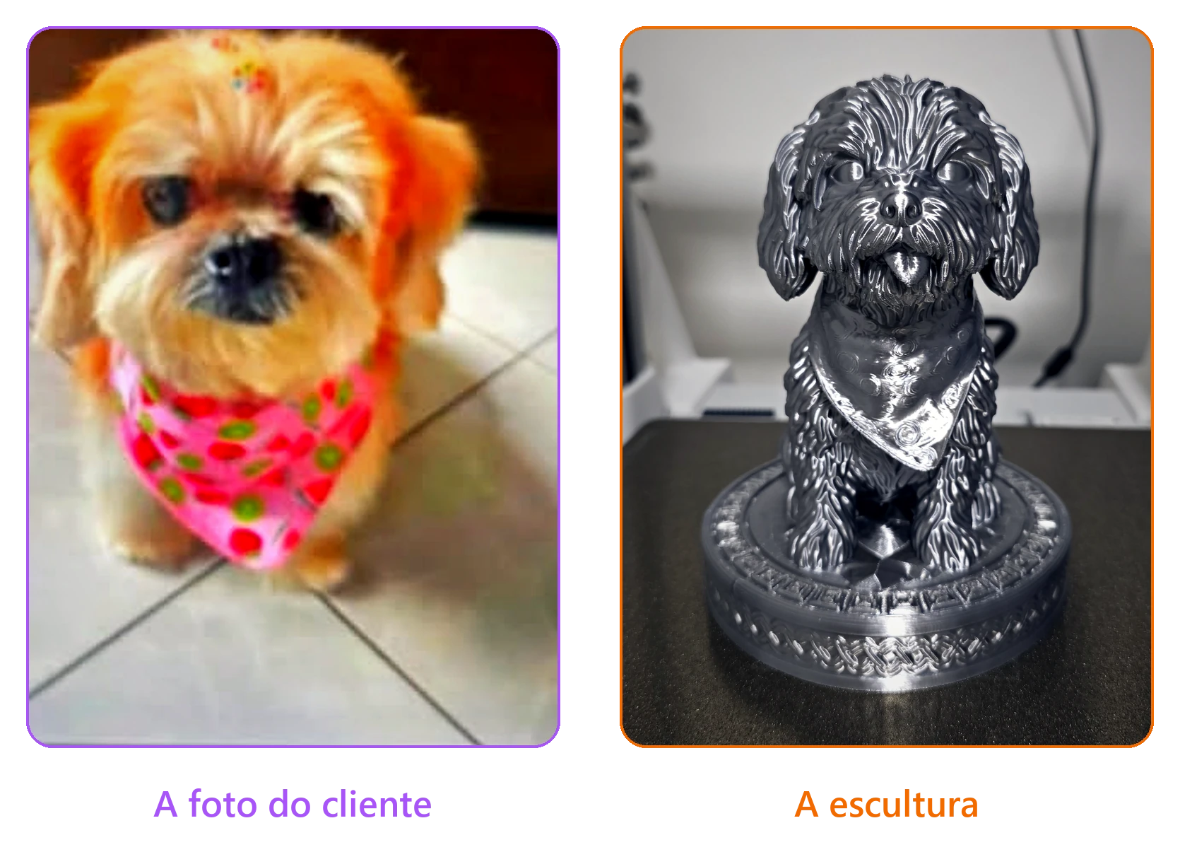À esquerda, a foto de um cachorrinho de lenço rosa; à direita, a escultura prateada feita a partir dela
